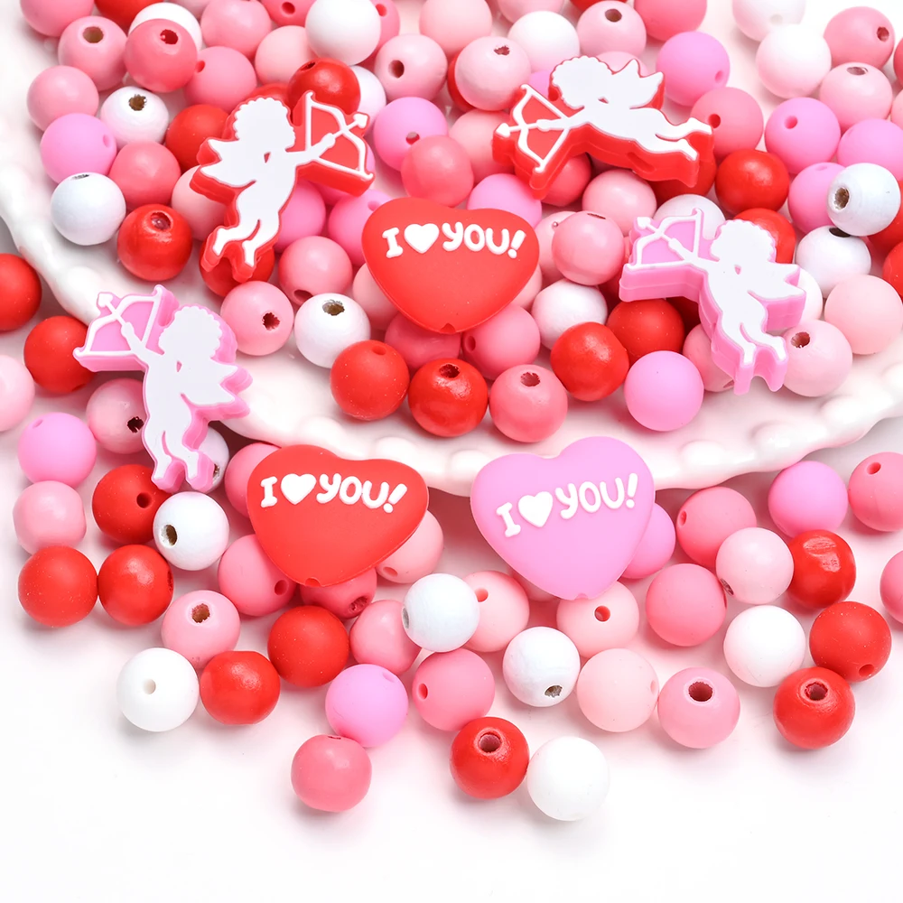 84Pcs Valentine's Day Silicone Beads Set Cupid Shaped Love Beads Holiday Gift Decorations for Diy Phone Chain Bracelet Lanyard