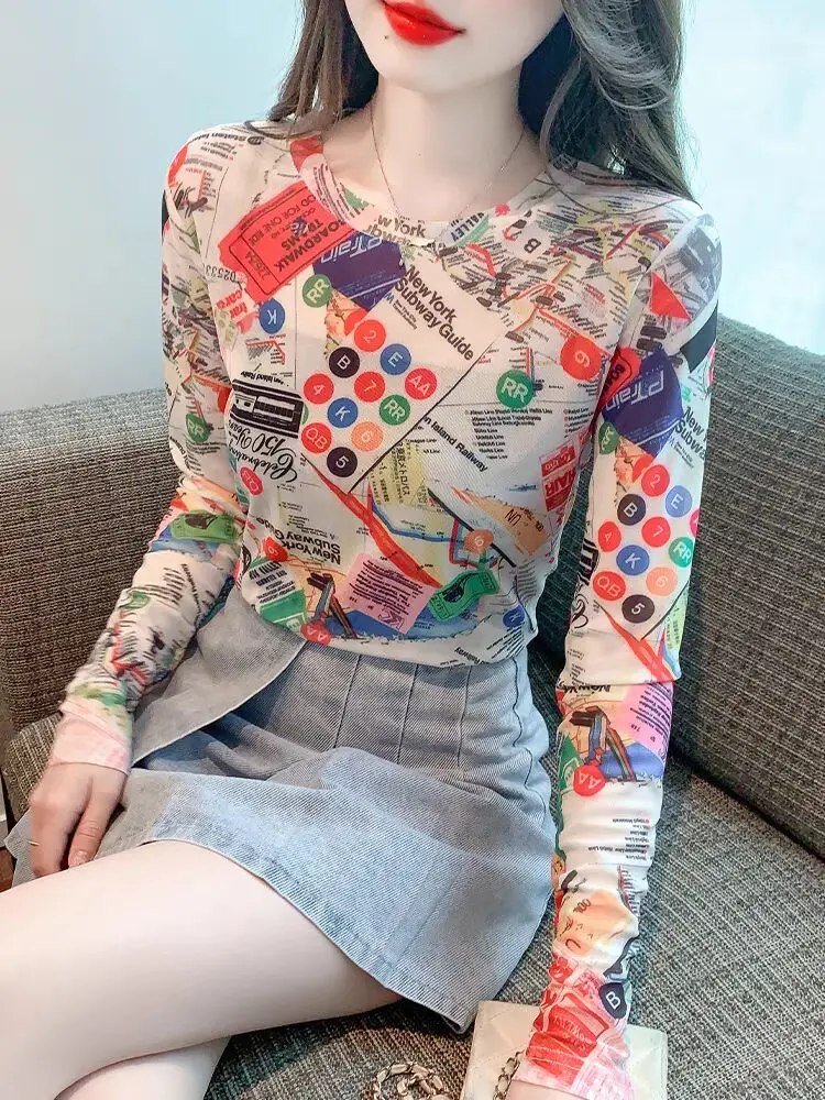 Spring Summer Trend Art Sweet Fariy Map Painting Woman Sunscreen T-shirt Mesh Round Neck Loose Casual Long Sleeves Female M-3XL