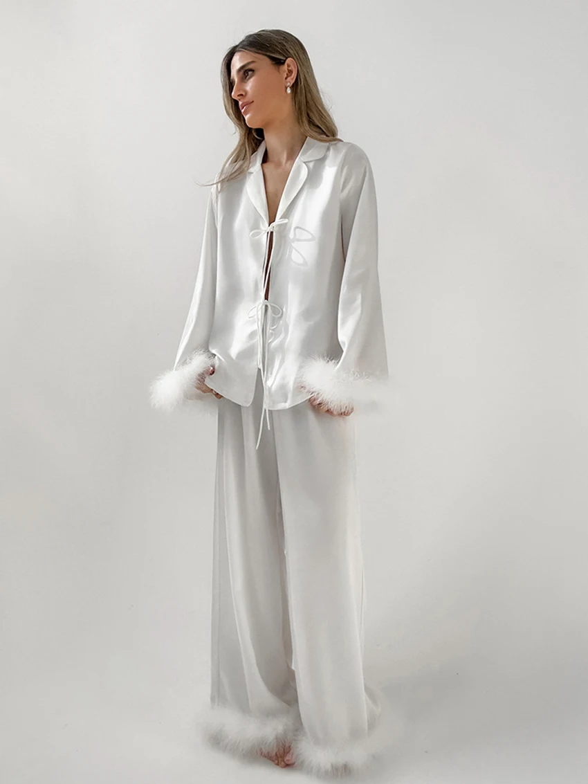 Marthaqiqi White Female Nightgown Set Long Sleeve Nightie Turn-Down Collar Pajamas Lace Up Sleepwear Pants Causal Nightwear Suit