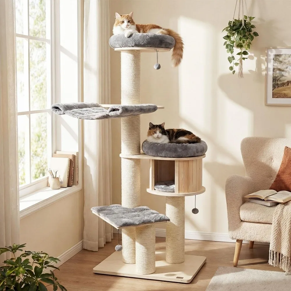 Modern Cat Tree Multi Level Large Cat Tower with Condo Hammocks & Hanging Basket Tall Cat Tree with Sisal Posts Washable