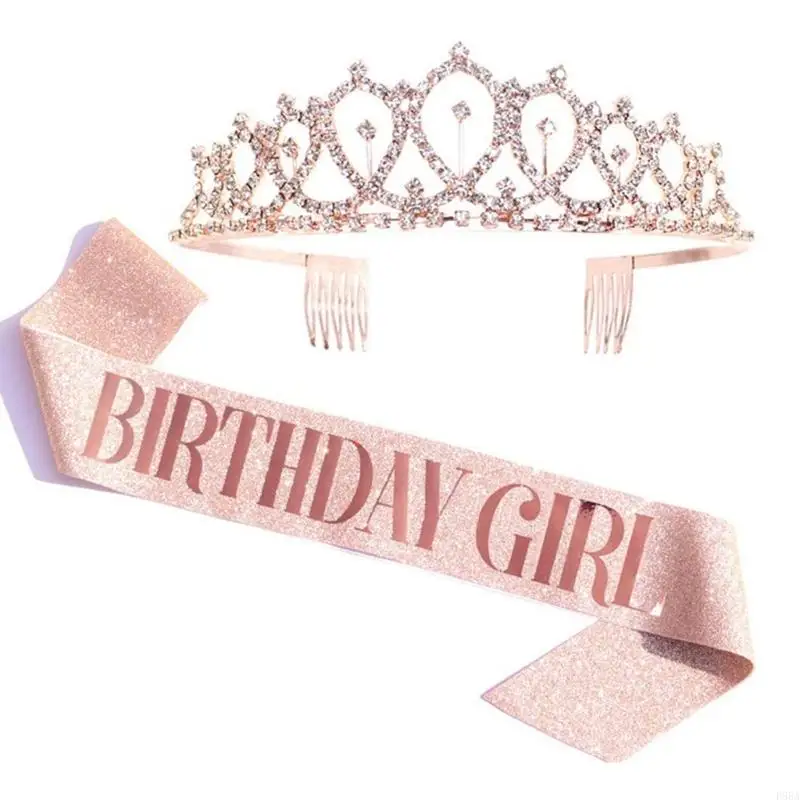 P88A For Women Birthday Rhingestones For Girls Tiaras Crowns with Sash