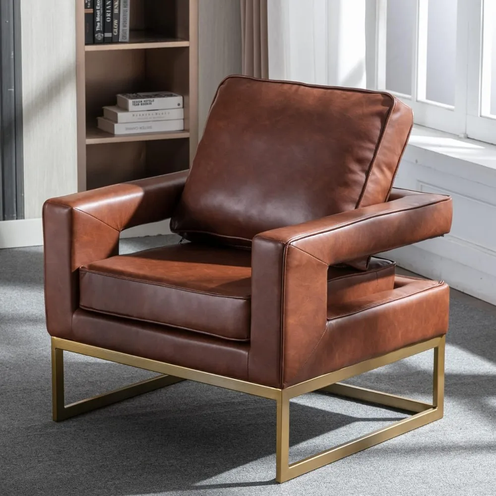 

Modern Style Accent Armchair, Sleek PU Leather Club Sofa Chair with Gold Frame for Living Room and Guest Seating