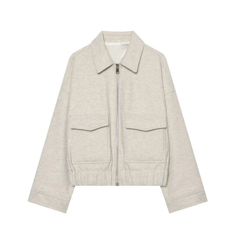 Guobioziy Women's Jacket 2026 Fall New Style Fashionable Simple Loose Short Zip-Up Wool Turn-Down Collar Jacket