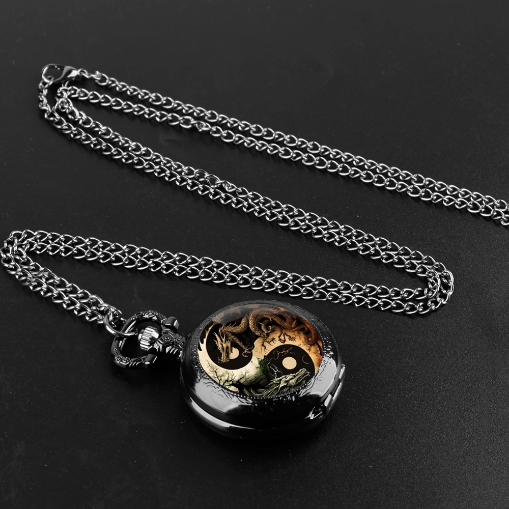 Vintage Pocket Watch Dragon Glass Dome Black Quartz Pocket Watch FOB Chain Clock Pendant necklace Watch for Men Women Gift