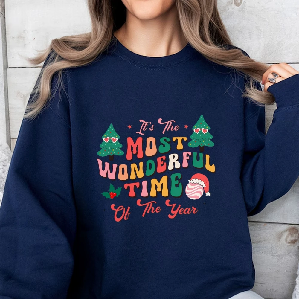 Crew Neck Women Sweater Hoodie Christmas Style Pine Snowman Chic Graphic Printing Cotton Soft Fabric New Sweatshirt