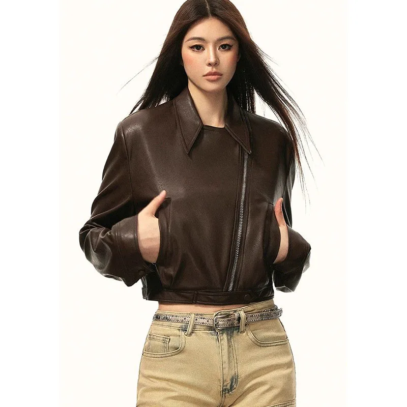 Damen Braune PU-Lederjacke, Kurze Offene Lederjacke, Elegante Hochwertige Vielseitige Trendige Vintage-Oberbekleidung – Detail 14