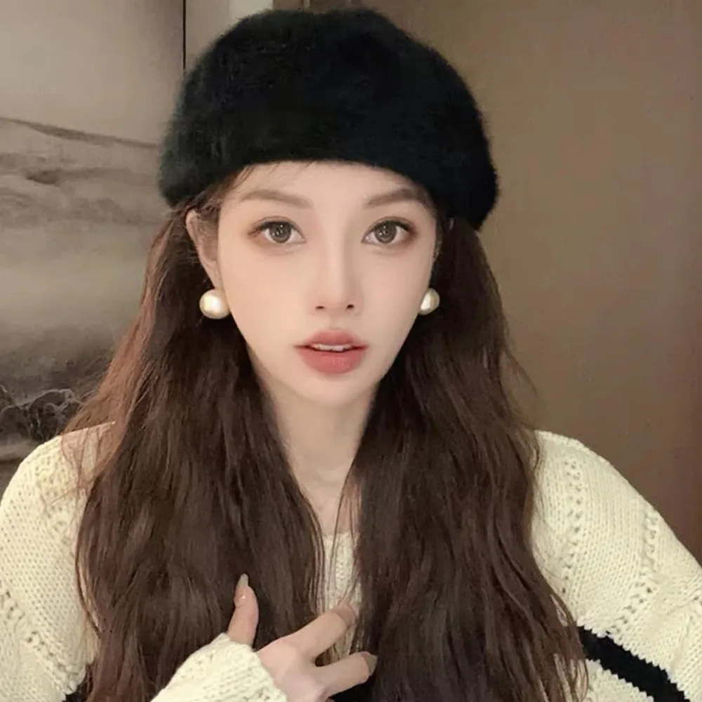 Leopard Print Faux Rabbit Fur Beret Solid Color Thicken Painter Beret Hat Keep Warm Flush Furry Octagonal Beanie Cap Women Girl