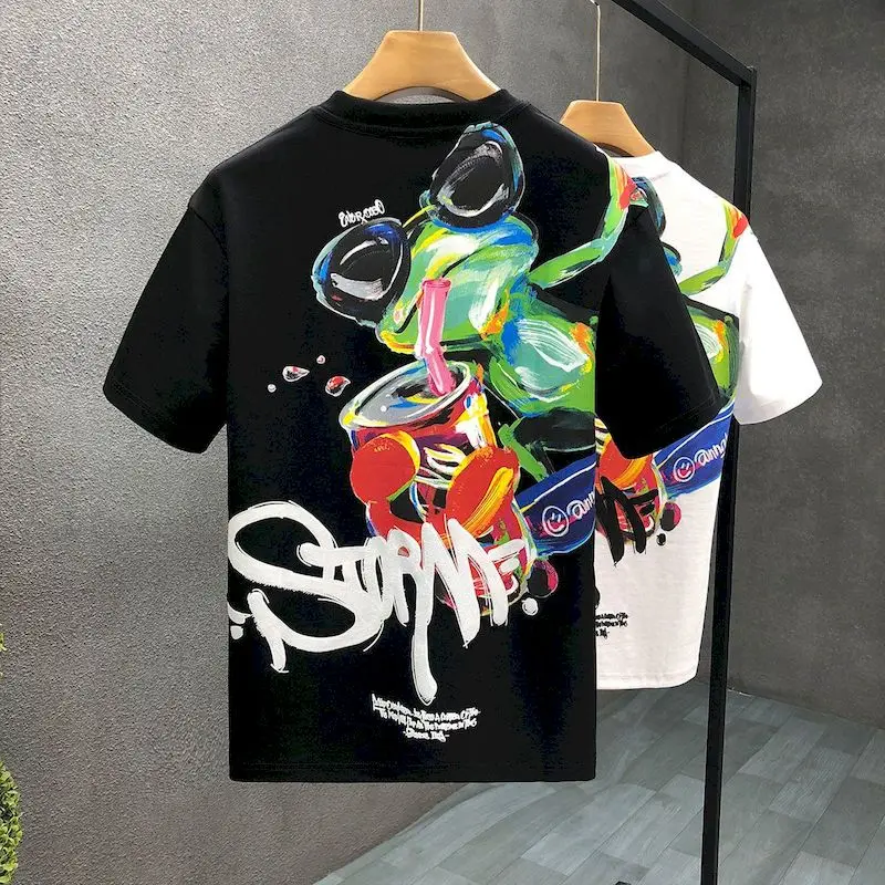 Short Sleeve T-shirts for Men and Women Summer Trend Loose High Street Tops Personalized Color Printed Frog Graffiti Tshirts