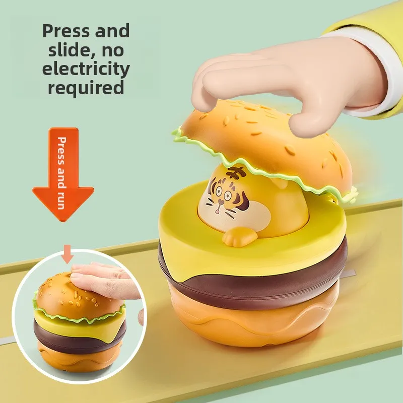 Peuter Druk en Glijbaan Hamburger Auto Speelgoed Inertie Trek Auto Speelgoed Cartoon Beer Kat Hond Hamburger Vorm Druk Glijbaan Speelgoed