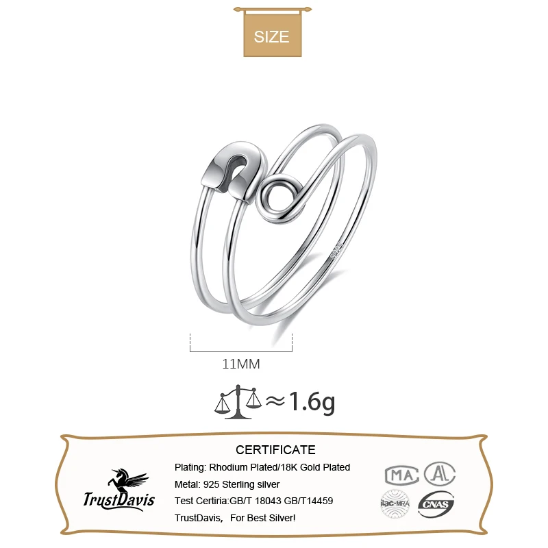 Trustdavis Real 925 Sterling Silver Rings retro personality paper clip Opening Rings For Women Wedding Party Fine Jewelry DA2587