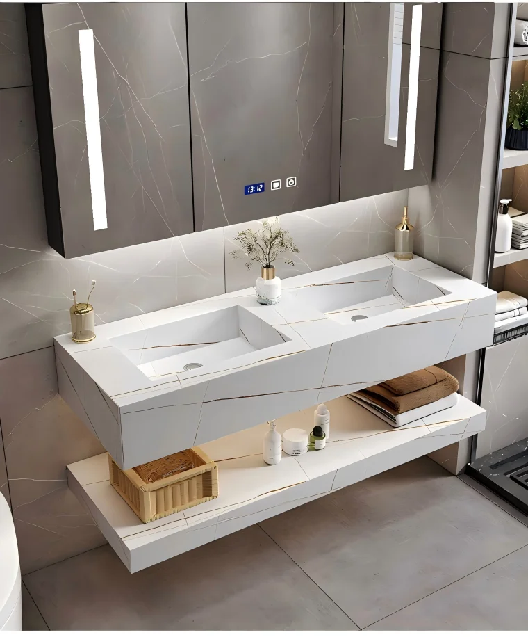 Hot Sale Modern Two-Tier Hotel Apartment Bathroom Vanity Water-Resistant Marble Basin Sink with Wall Mounted Smart Mirror Villas