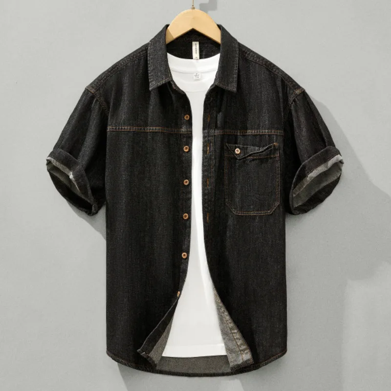 

Men's Summer Short Sleeve Cotton Denim Shirt Casual Loose Fit Workwear Style with Single Pocket Stylish Trendy Outdoor Fashion