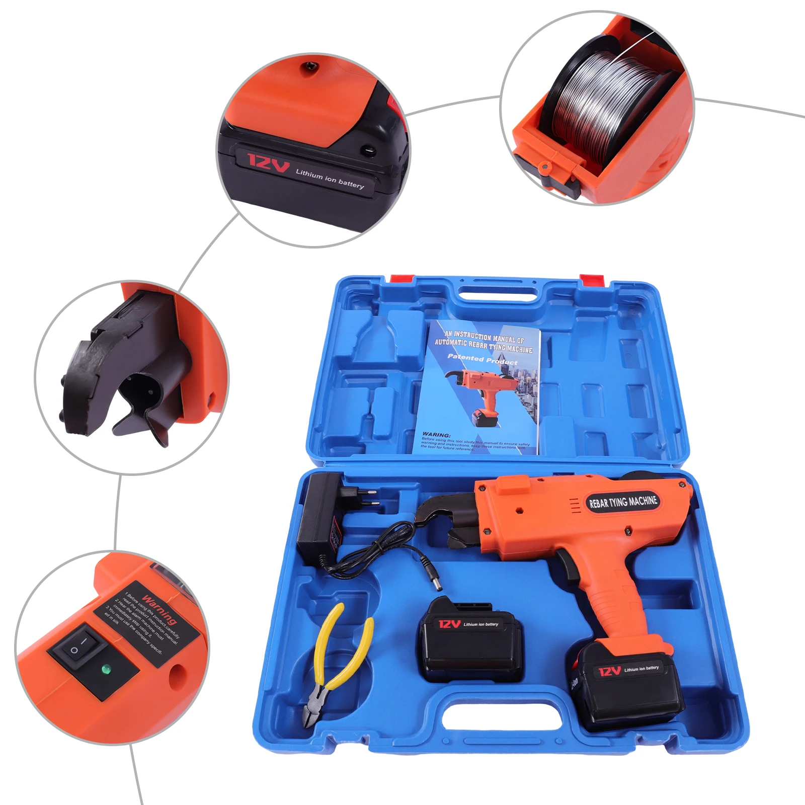 Portable Automatic Handheld Rebar Tier Tool Electric Building Tying Machine Strapping 6mm-25mm Orange