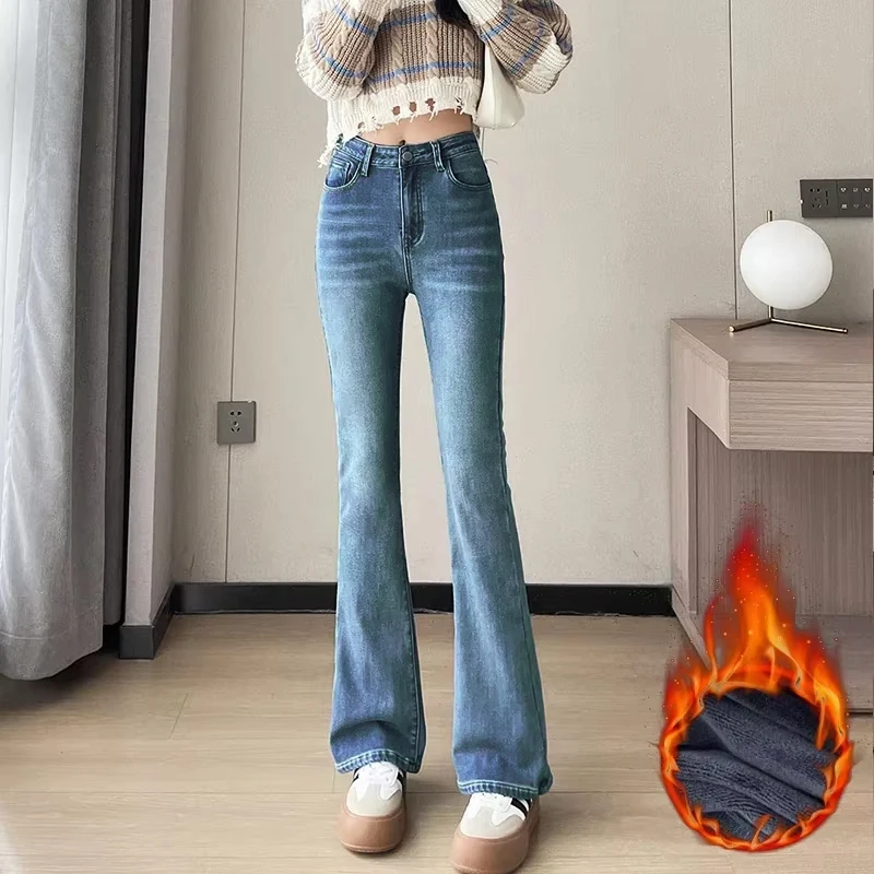 

Winter Women's Fleece Flared Jeans Slim High Waist Elastic Vintage Blue Black Fashion Korean Thickened Warm Denim Pants