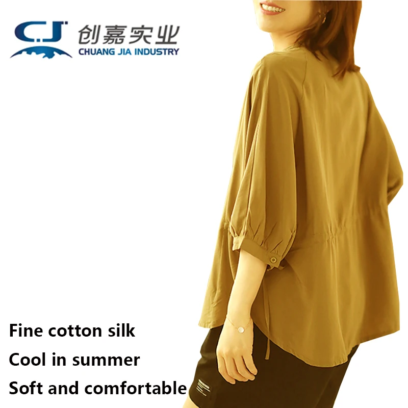 Cotton-silk Women's Blouse with Summer Seven-inch Sleeves, Loose and Casual Top, Cool and Breathable, Sweat-absorbing.