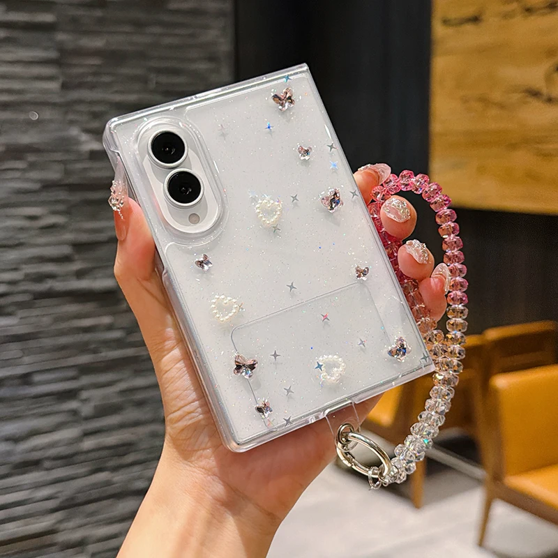 Korean Glitter Cute Pearl Love Diamond Butterfly Phone Case For Samsung Galaxy Z Fold 8 ZFold8 Z Fold8 Cover with Chain Cases