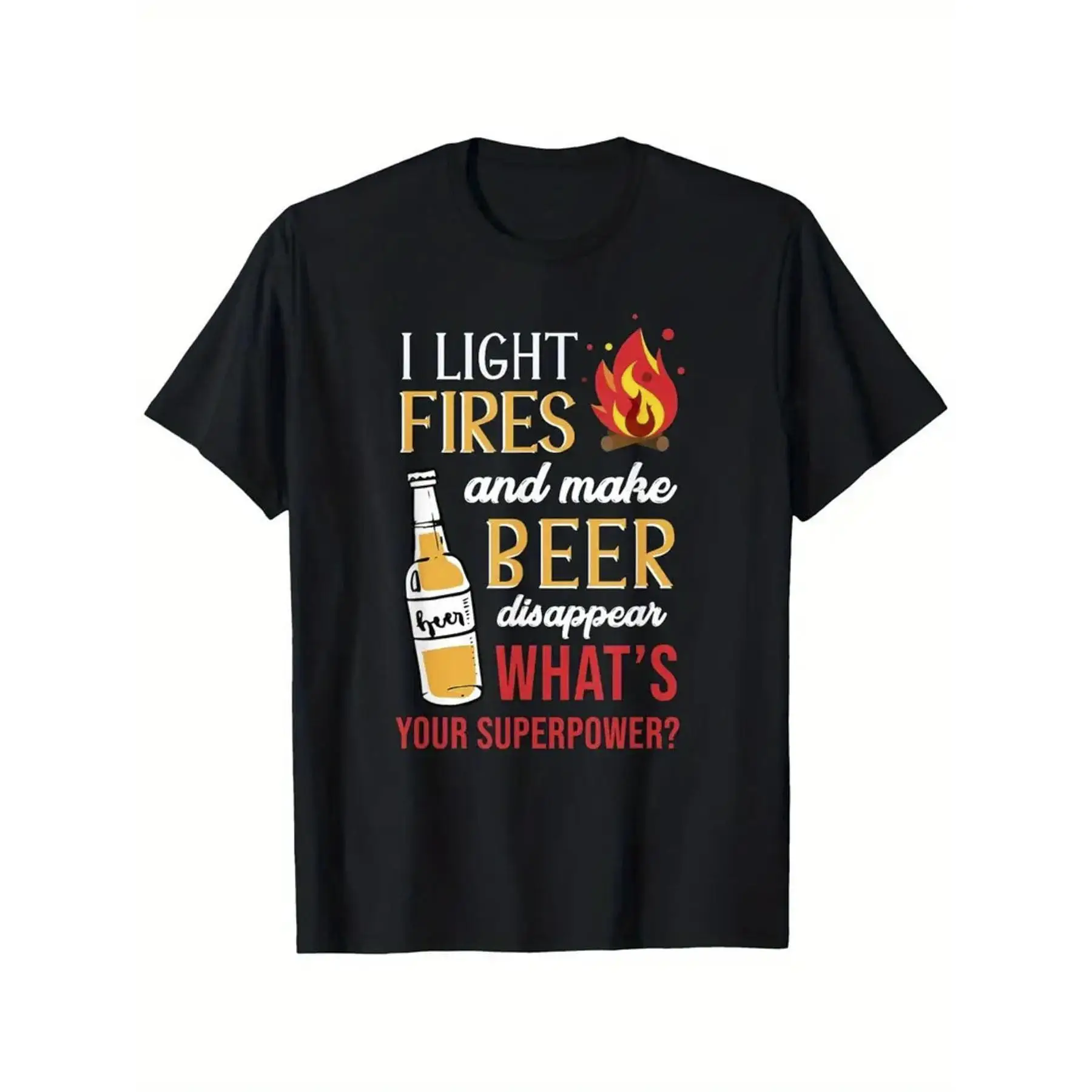 

Men's Funny "Superpower" T-shirt, Humorous Campfire & Beer Graphic Tee, Casual Outdoor Summer Party Top for Beer Drinkers