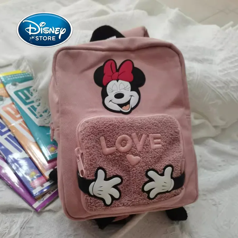 

Disney Pink Plush Square School Bag Children Girl Cartoon Minnie Mouse “LOVE” Backpack Kid Baby Kindergarten Bookbag