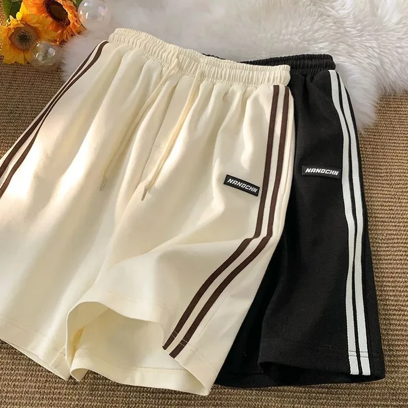 MEXZT Striped Shorts Women Summer Streetwear Loose Wide Leg Shorts Korean Casual Elastic Waist Sports Shorts Bf Couple Oversized