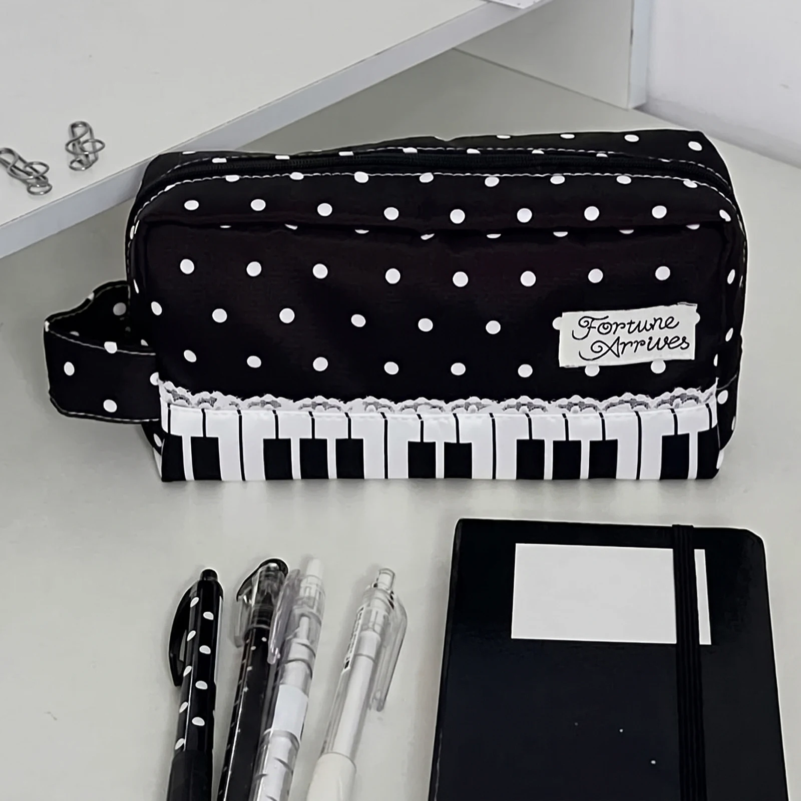 Multi-functional Piano Keys Pencil Case Polka Dot Lace Trim Large Capacity Stationery Bag for Students