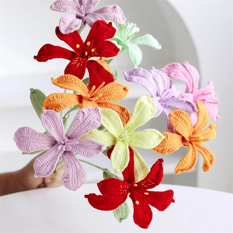 2026 Nueva Boutique Micro gancho flores de lana ganchillo a mano Alstroemeria flor Artificial ramo tejido a mano producto terminado