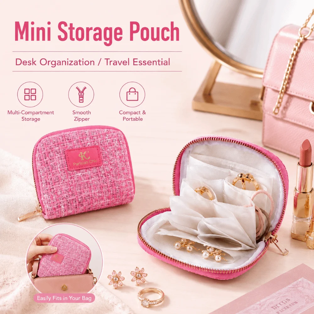 Tweed Jewelry Travel Bag Zipper with Multi Dividers Jewelry Organizer Portable Jewelry Bag Necklaces Rings Earrings Storage