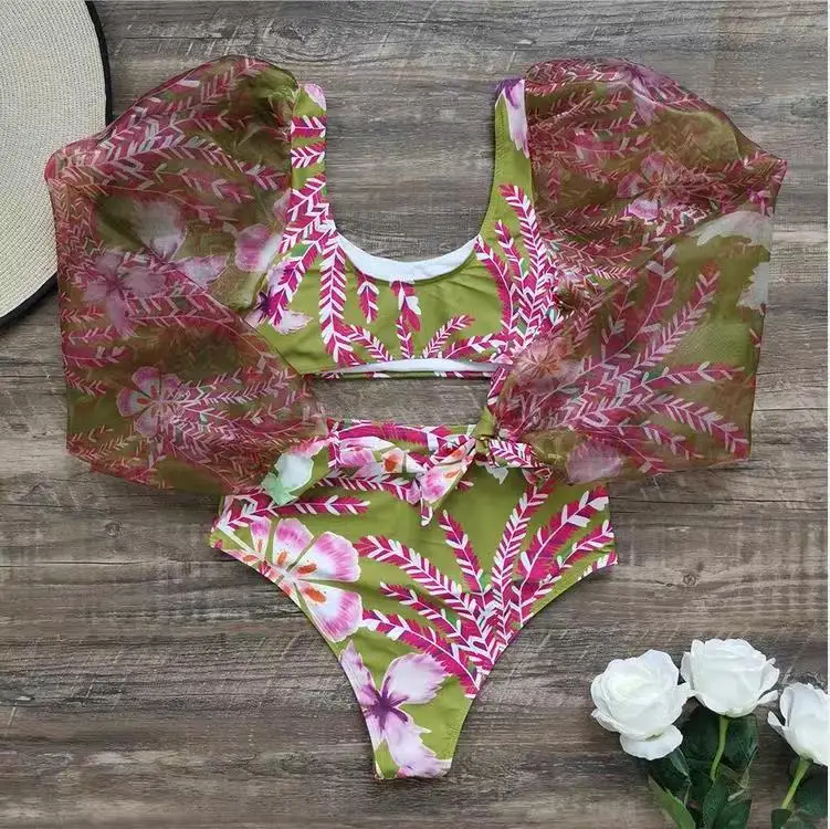 2024 New Sexy High Waist Bikini Set Floral Print Swimwear Women With Long Puff Sleeves Bather Suit Beachwear Biquini Female