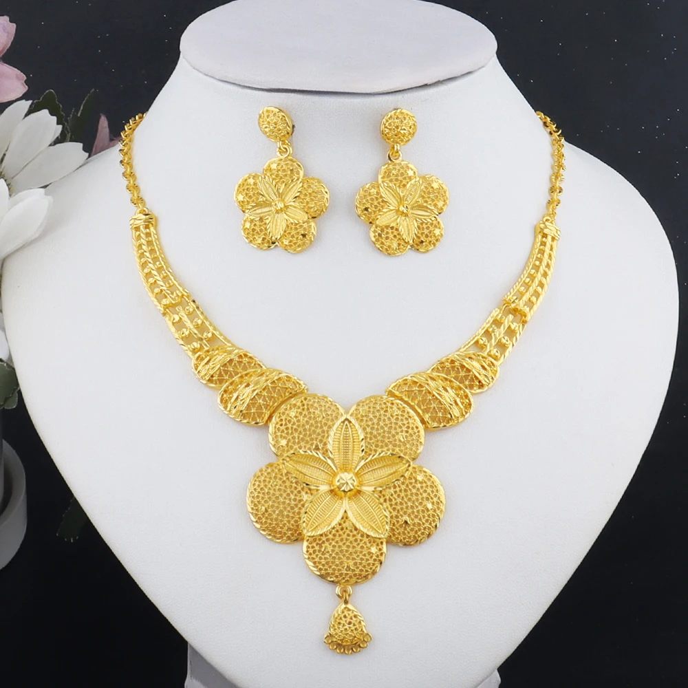 

Dubai African 24K Gold Plated Flower Necklace Earrings Set for Women Gold Color Party Wedding Banquet Jewelry Jeweler Gift