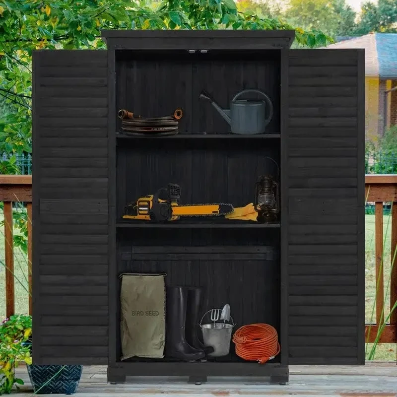 Outdoor Storage Cabinet, Garden Storage Shed, Outside Vertical Shed with Lockers, Outdoor Wood Tall Shed for Yard and Patio