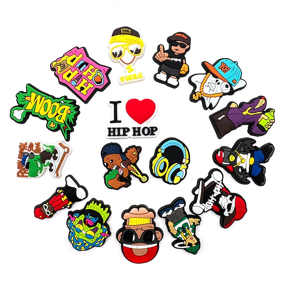 16Pcs Rock Hip Hop Cartoon Clog Charms Soft PVC Detachable Shoe Buttons Cool Street Music Graffiti DIY Shoe Decor Accessories