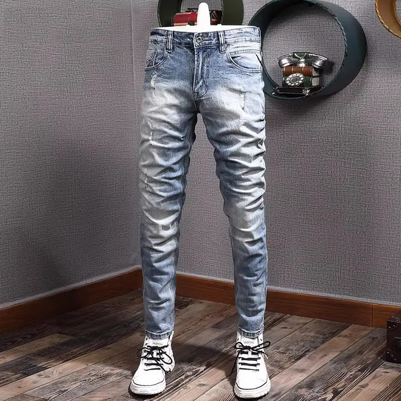 Fashion Designer Men Jeans Retro Light Blue Elastic Slim Fit Ripped Jeans Men Vintage Trousers Korean Style Denim Pants Hombre