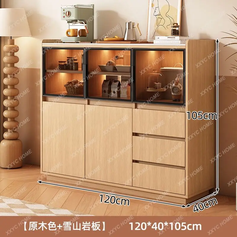 

A rock slab dining side, integrated storage against the wall, solid wood living room, tea cabinet, light luxury and high-end
