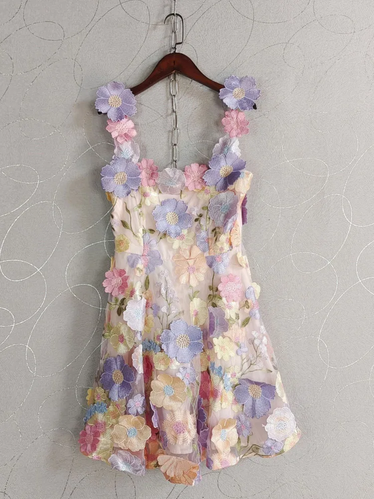 [ZOCI] Australian Girl's Style Colorful Flower Embroidery Sweet Vacation Suspender Mesh Dress