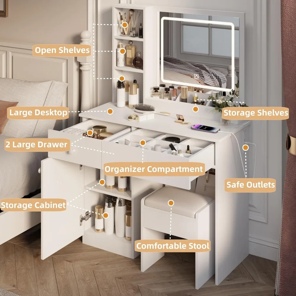 illuminated white vanity desk with drawers and charging port