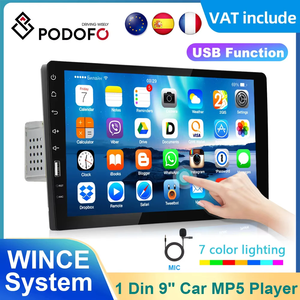 Podofo 1din Car Radio Multimedia Video Player 9'' MP5 Player Mirror link Bluetooth FM Autoradio Touch Screen For Universal