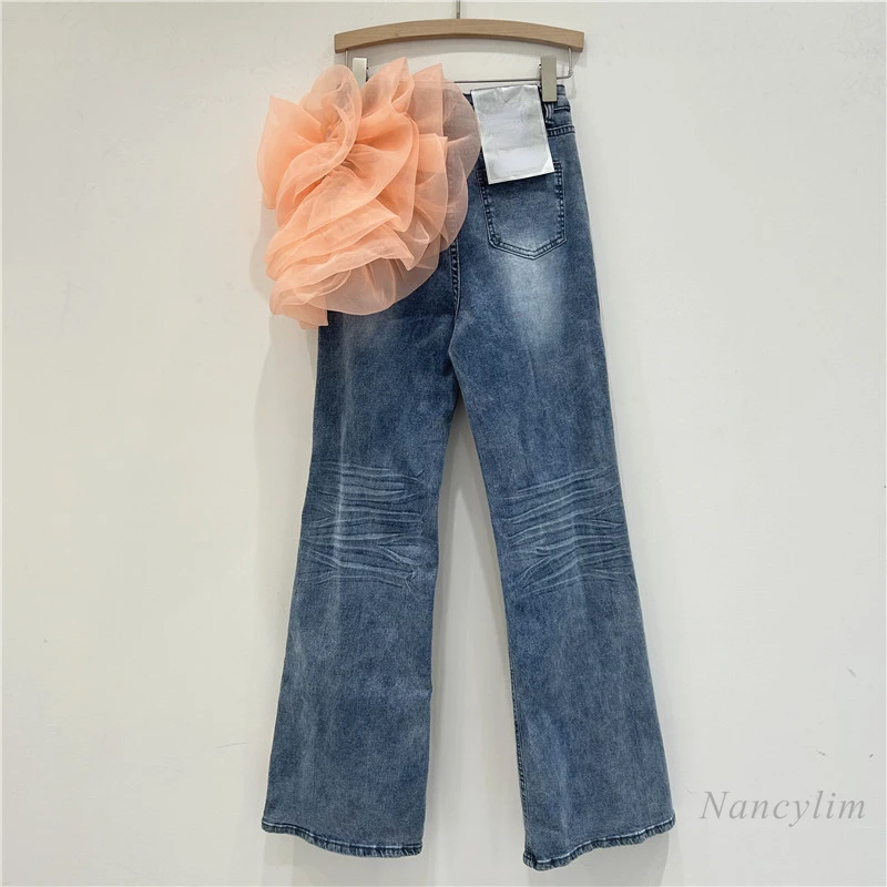 European and American Style Floral Jeans Women 2024 Spring New Three-Dimensional Large Flower Ripped Washed Denim Pants Jeans