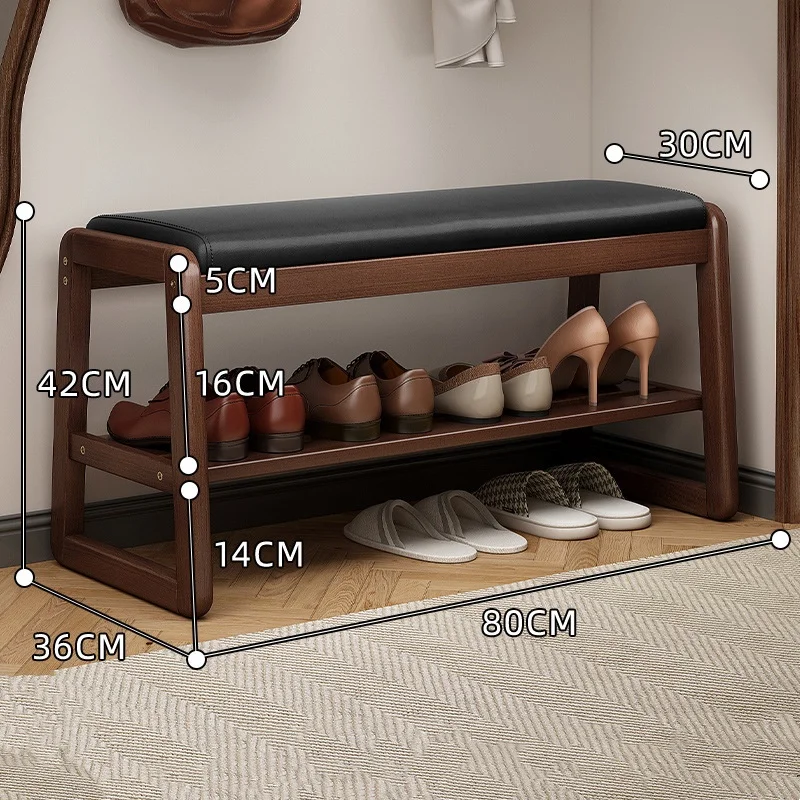 Age-Friendly Solid Wood Shoe-Changing Bench with Cushion and 2 Tier Storage Space for Entryway Hallway Living Room Senior Use