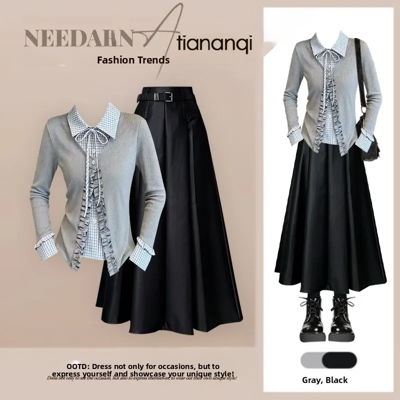 

Корейский модный комплект из двух предметов: юбка в клетку с бантом и топ, с высокой талией, весенний, женский