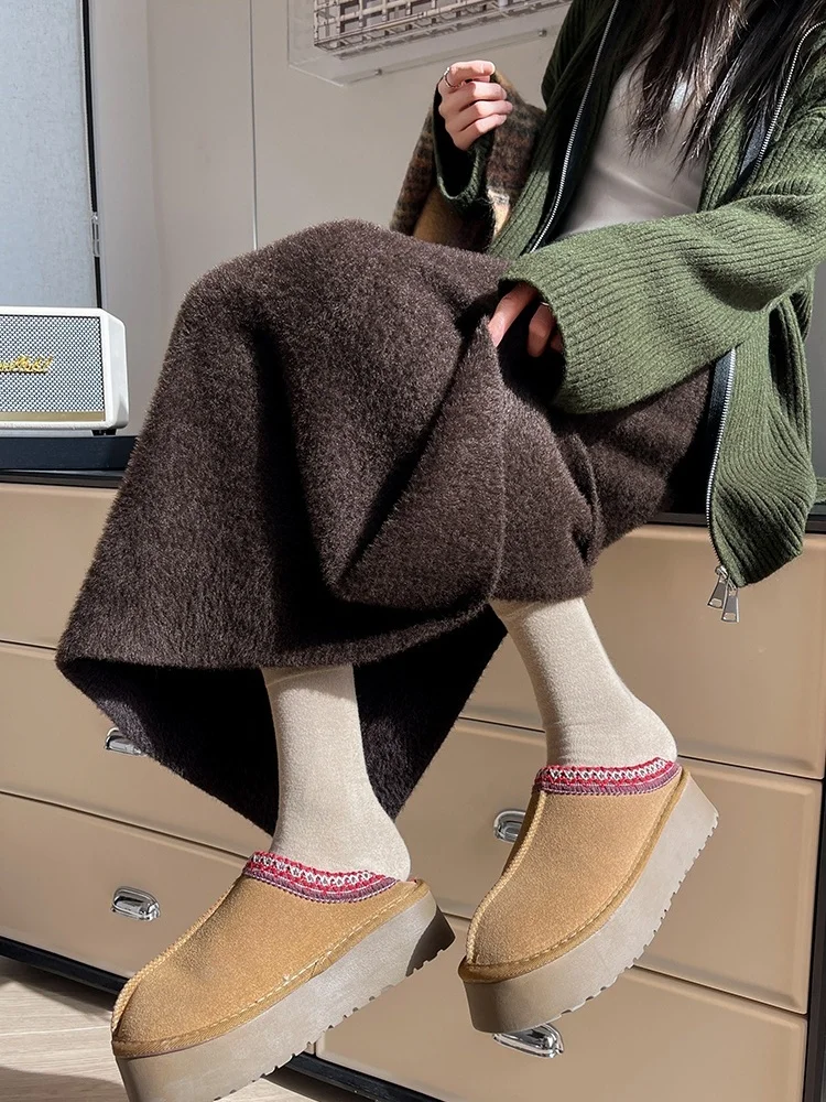 SMTHMA Mink Fur Autumn Winter Women's Knitted Long Skirt White Elegant High Waisted Slim Soft Solid Color Fashionable Skirt