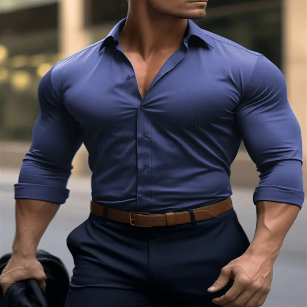 New Men Casual Shirt Brand Fashion Solid Color Long Sleeve Elastic Fabric Male Business Dress Shirt