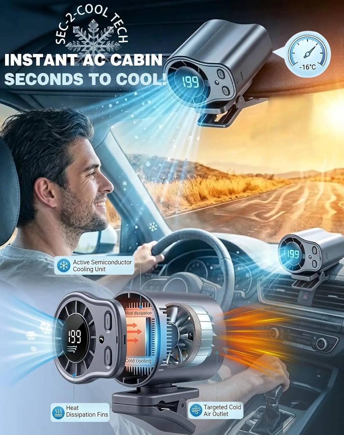 Car Clip on Air Conditioner Fan with LED Display 360 ° Rotation USB Rechargeable Personal Fan for Cars, Work, Outdoor Camping