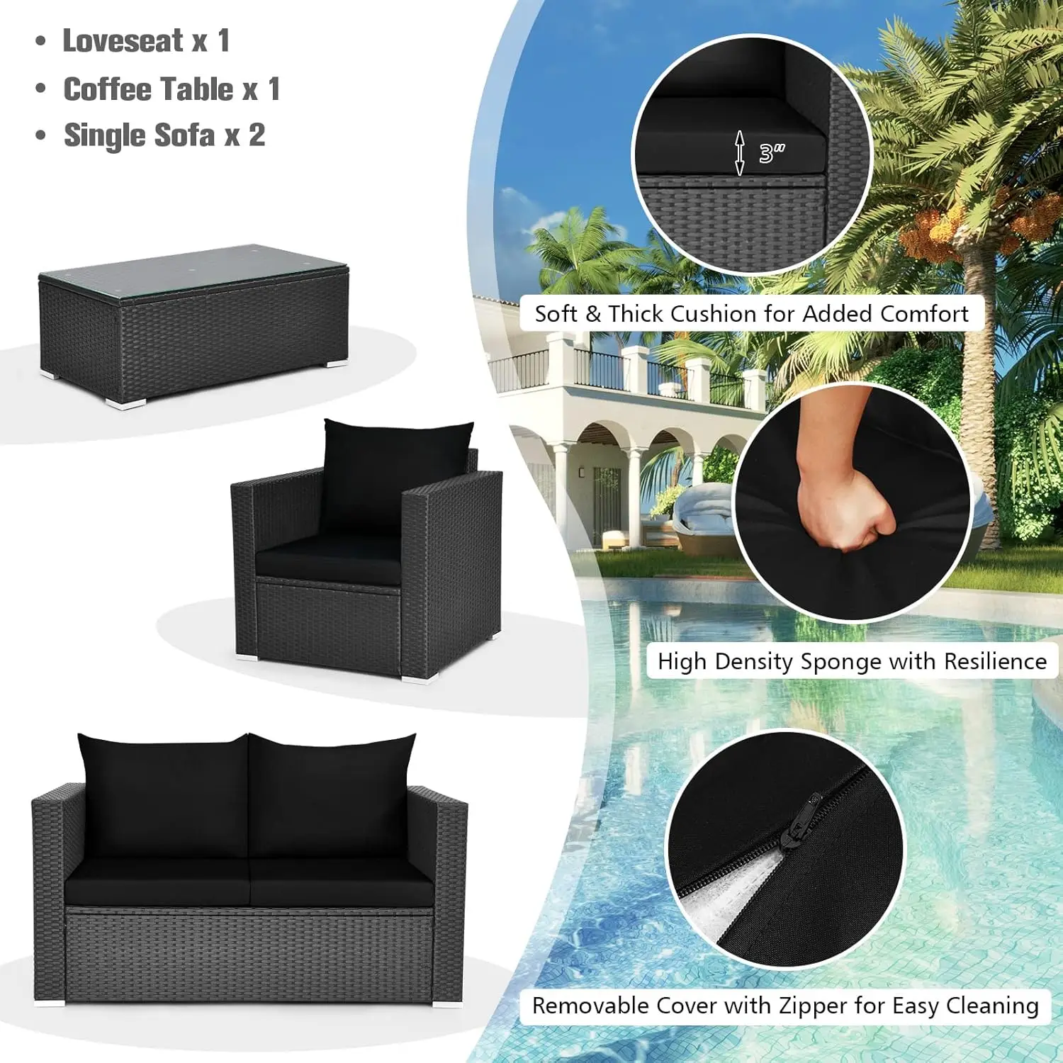 Conversation Furniture Set, Outdoor Wicker Sofa Set with Padded Cushion & Tempered Glass Coffee Table, Wicker Sectional Sofas