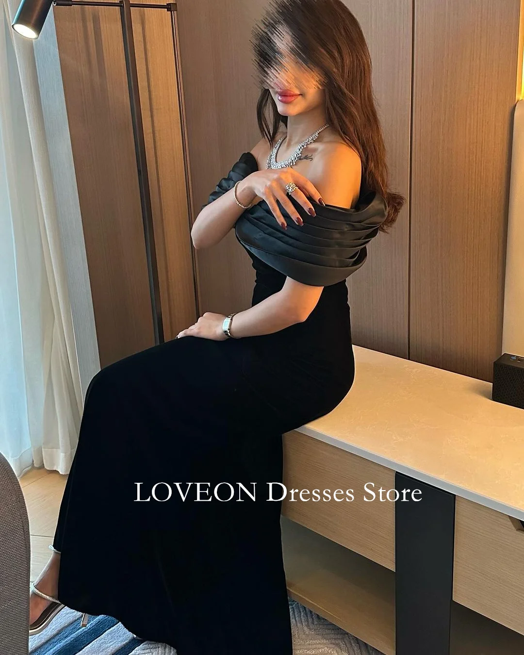 GIOIO Black Evening Dresses Short Sleeves Mermaid Formal Customized  Ruched Satin Vintage Elegant Prom Gowns Party Women