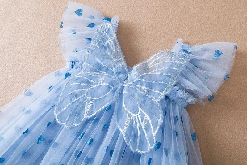 Vestido de verano para niña con alas de mariposa, manga abombada Floral, tutú de actuación de baile, ropa de princesa de malla, 2024