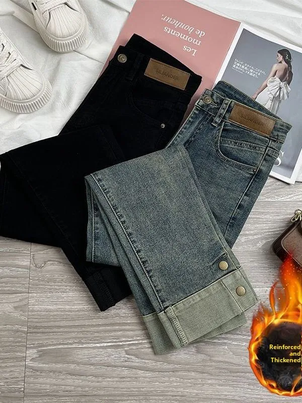 

Retro Thickened Fleece High Waist Slimming Shortened Denim Pants Women's Autumn Winter New Style Nine Points Smoke Tube Pants