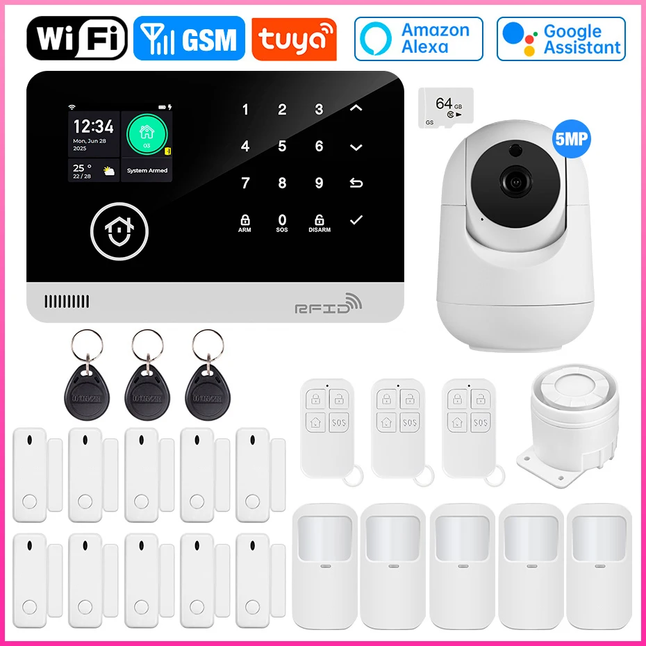 Sistema di allarme per la casa Tuya WIFI GSM Tuya Host di allarme di sicurezza intelligente Antifurto con controllo del sensore di porta e movimento funziona Alexa
