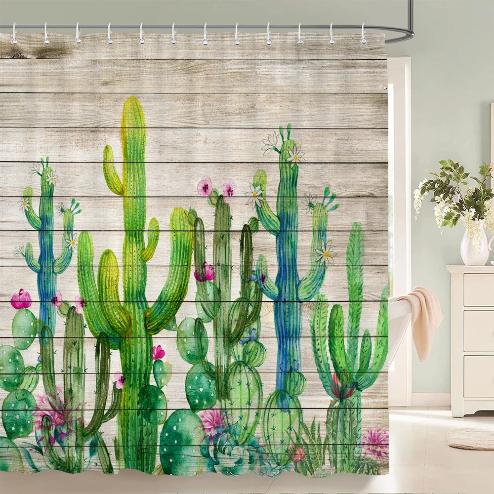 Watercolor Cactus Floral Rustic Wood Print Shower Curtain Waterproof Polyester Fabric Bathroom Curtain With Hooks Quick Dry Wash