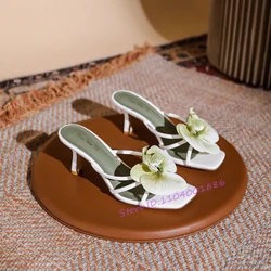 Mixed Colors Flower Women's Slippers Pink Green Orchid Decor Square Toe 7CM High Heels Summer Sweet Hollow Party Female Shoes
