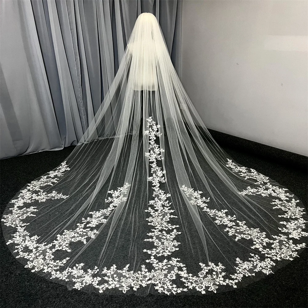 New Long Wedding Veil With Comb 1 Tier Soft TulleFloral Elegant Bridal Veils White Ivory Custom Veil 3M 4M 5M