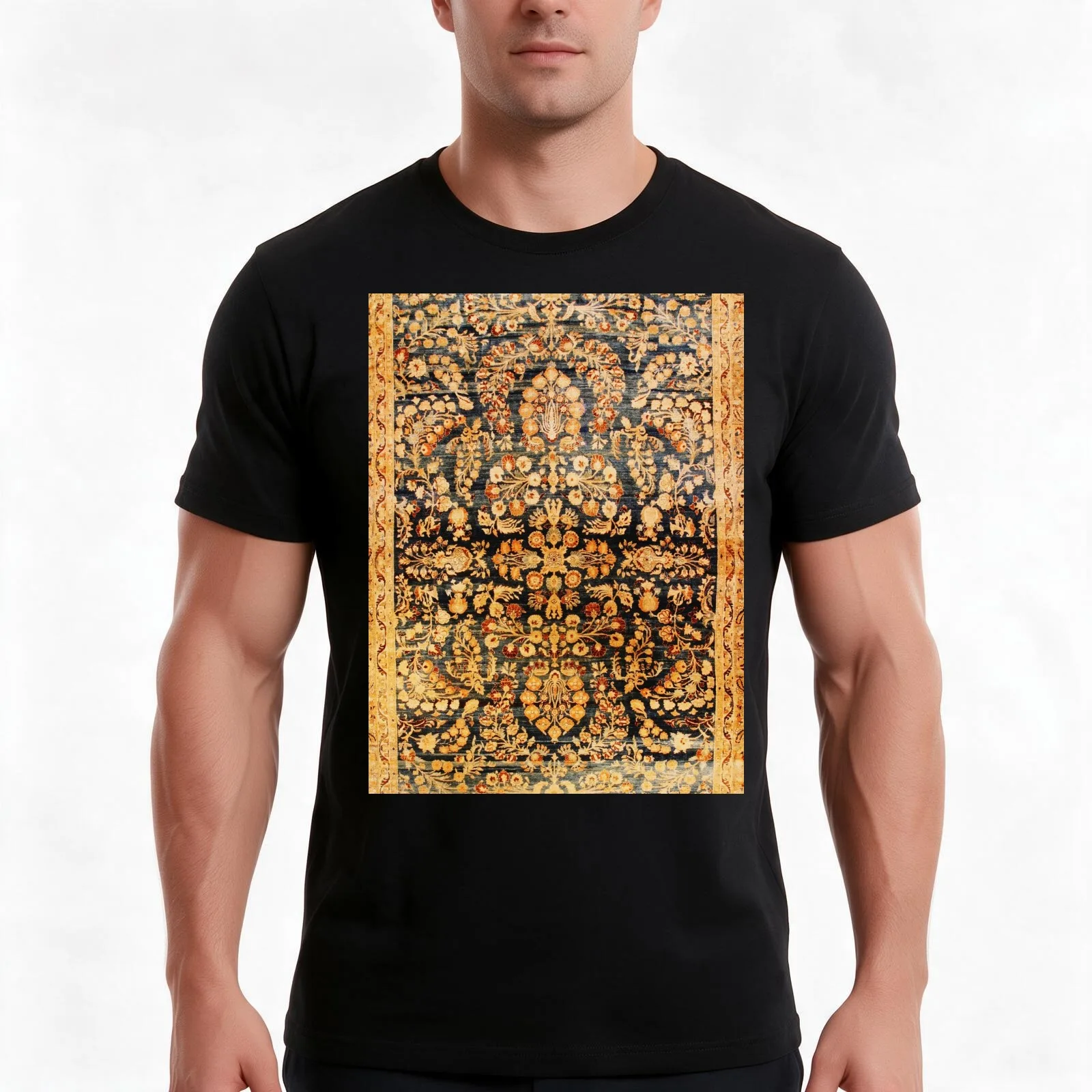 Antique Persian Khorassan Rug T-Shirt, Summer Casual Cotton Tee, Oversized Streetwear Tops, Vintage Graphic Print, 100% Cotton